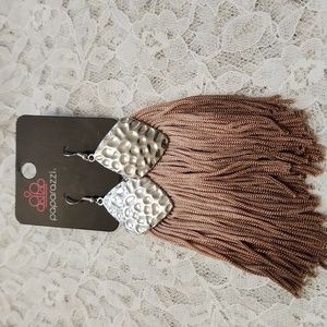 Paparazzi silver & Tan Fringe Earrings